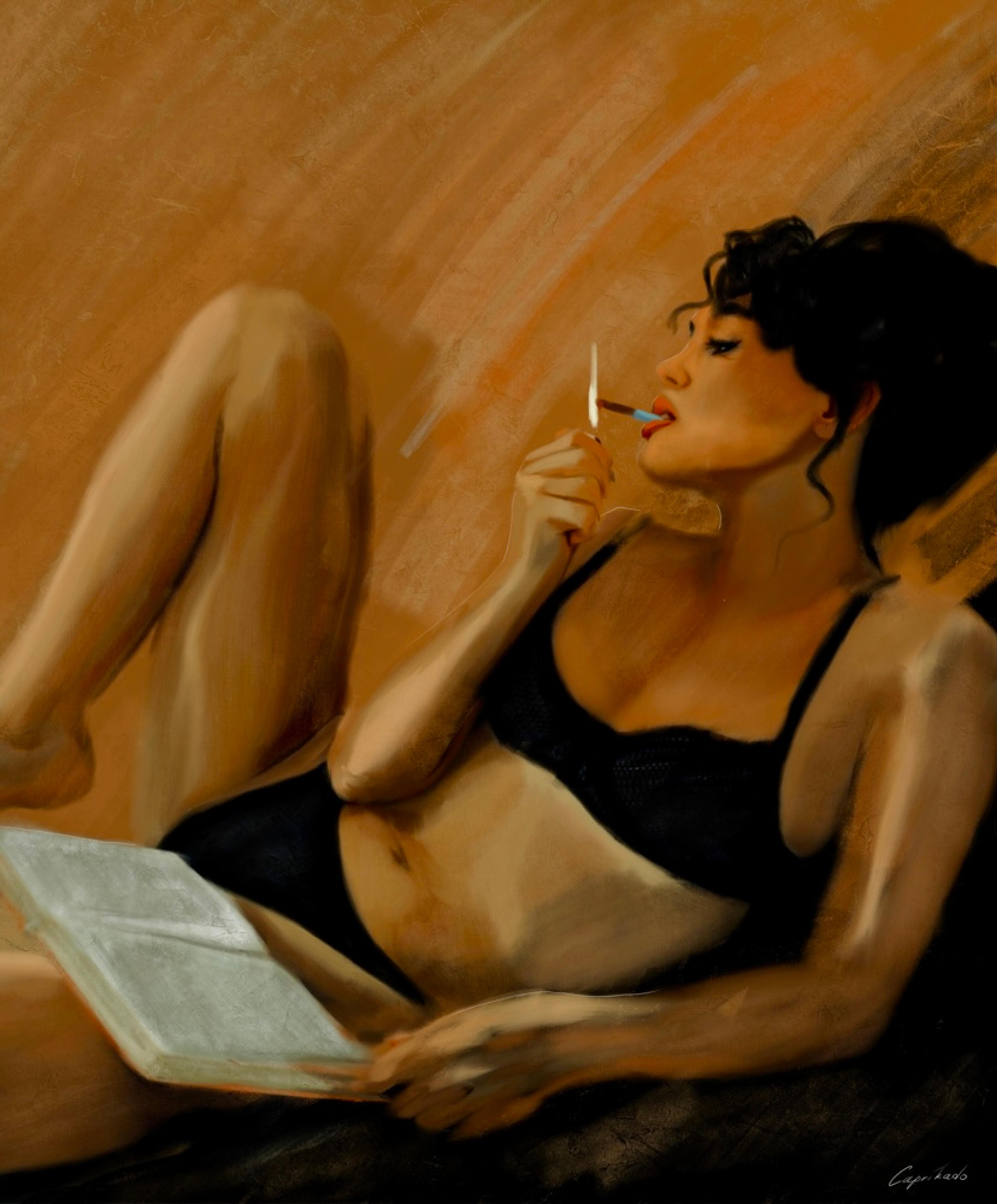 painting of a woman reading a book and lighting a cigarette